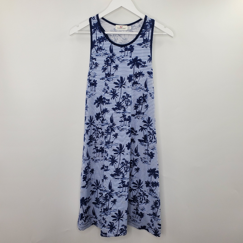 Vineyard Vines Blue Tropical Palm Printed Midi Tank Dress Striped Blue Beachy